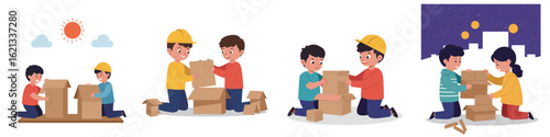 kids building cardboard models. A set of vector illustrations on a white background 
