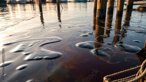 Wallpaper Mural Oil spill in marina water near dock pilings
 Torontodigital.ca