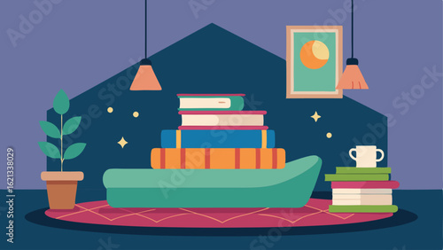 A reading nook featuring a comfy floor cushion a pile of books and a hanging tapestry.