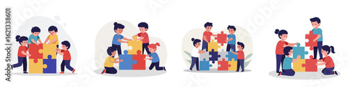 kids building a puzzle together. A set of vector illustrations on a white background 
