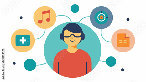 Cognitive Navigation Aid A user with cognitive disabilities navigating a virtual space with visual and musical cues guiding them showing how VR can assist in understanding and