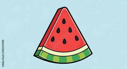 A cartoon illustration of a single juicy watermelon slice with black seeds and a green rind. This fresh fruit is a symbol of summer and healthy eating