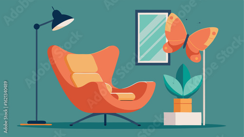 A reading nook with a leather butterfly chair and a floor lamp with a metal shade.