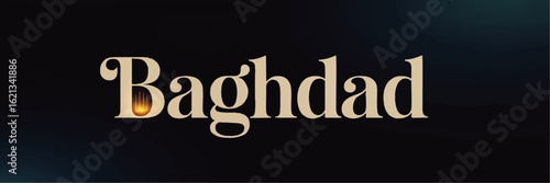 Elegant Baghdad Typography with Lantern Glow, Dark Blue Background, and Middle Eastern Culture Theme – Modern Vector Art