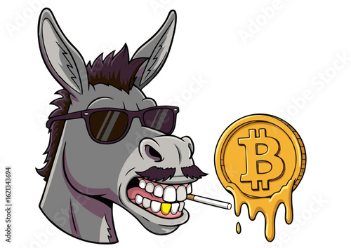A cool cartoon donkey mascot with sunglasses and a mustache holding a melting gold cryptocurrency coin. A funny concept for a crypto investor.