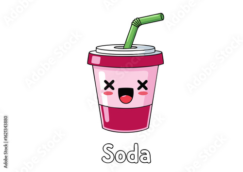 Adorable kawaii soda cup character with a happy smiling face and straw. Cartoon vector illustration of a sweet pink soft drink for kids.