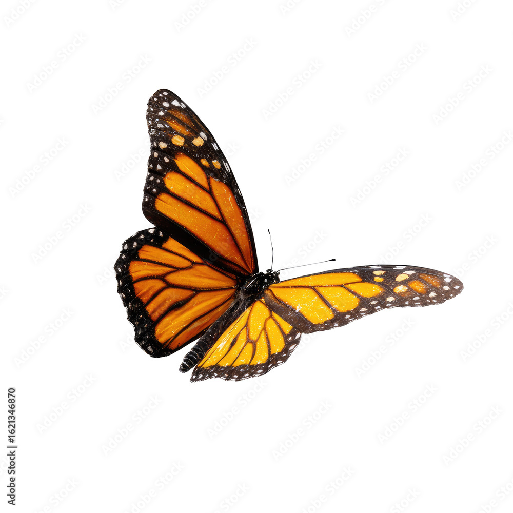 Fototapeta premium A monarch butterfly in flight against a black background. Vibrant colors