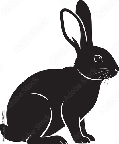 Black rabbit silhouette sitting on white background