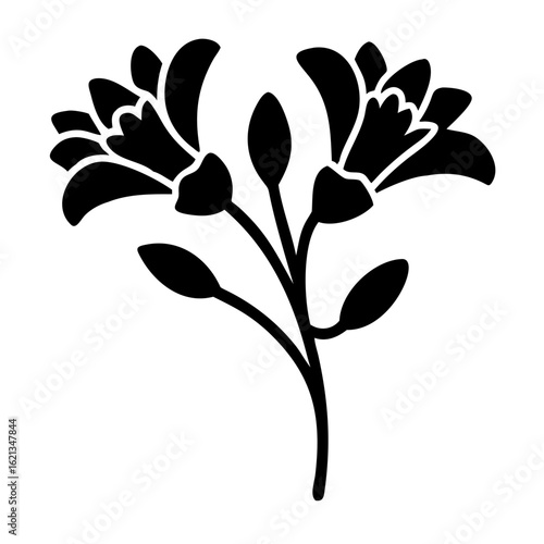 Black and white vector image of a flowering plant on stems