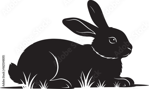 Black silhouette of a rabbit lying down in grass animal