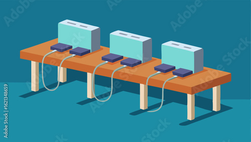 A row of benches with charging ports for electronic devices.