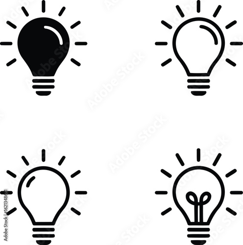 Four light bulb icons with radiating lines idea innovation