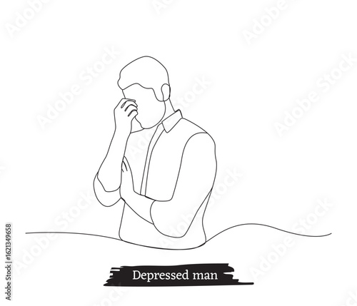 Continuous line drawings of depressed sad man