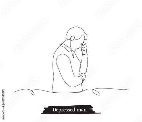 Continuous line drawings of depressed sad man