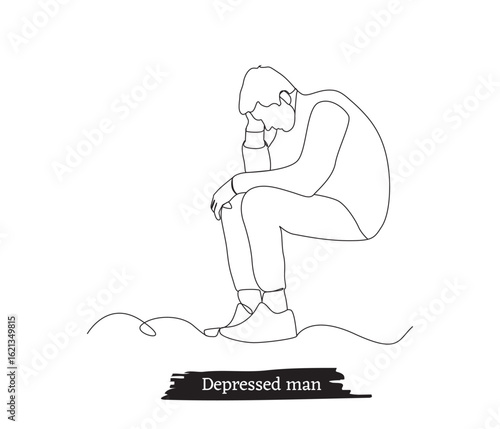 Continuous line drawings of depressed sad man