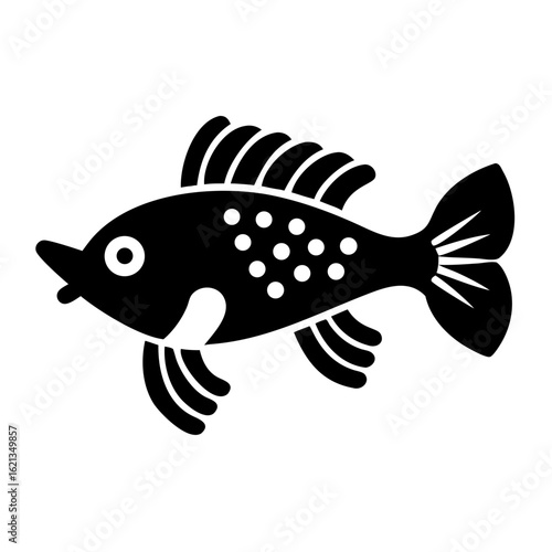 Stylized Black and White Fish Silhouette with Dots and Fin Details