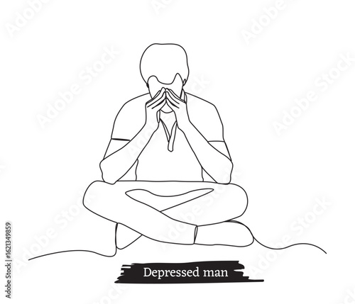 Continuous line drawings of depressed sad man