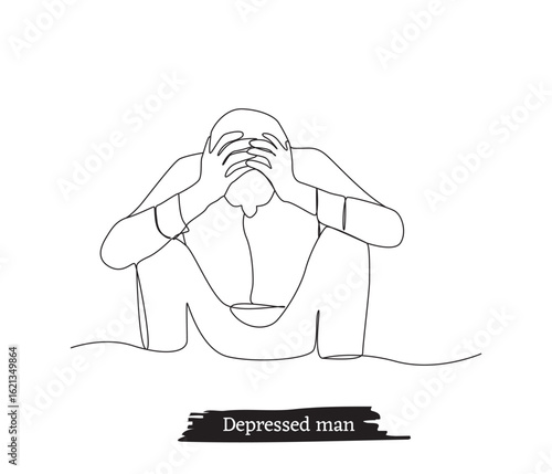 Continuous line drawings of depressed sad man