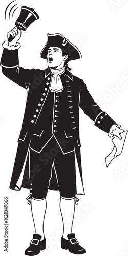 Man in colonial attire ringing bell and holding paper