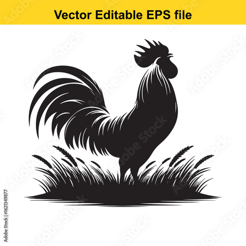 Vector art of black rooster silhouette isolated on white background