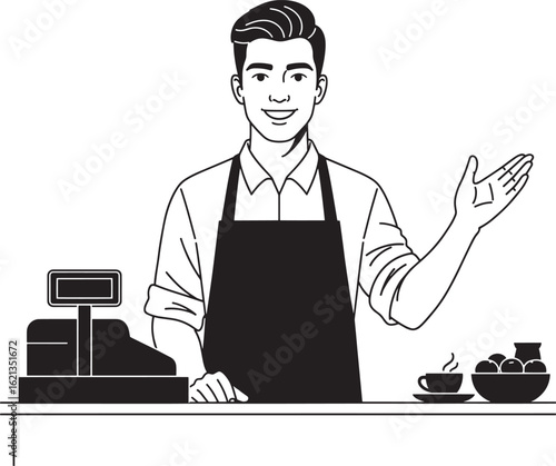 Man wearing apron behind counter with cash register and fruit bowl