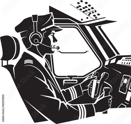 Pilot in cockpit with headphones flying airplane aviation