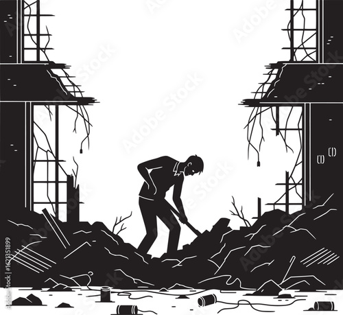 Silhouette man digging in rubble of destroyed building