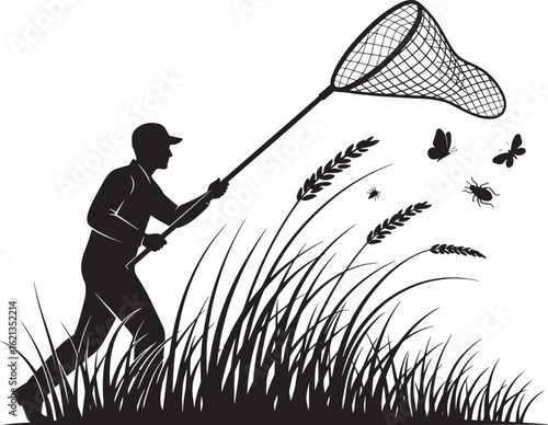 Silhouette man with net catching insects in grass person
