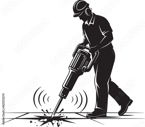 Silhouette of construction worker operating jackhammer