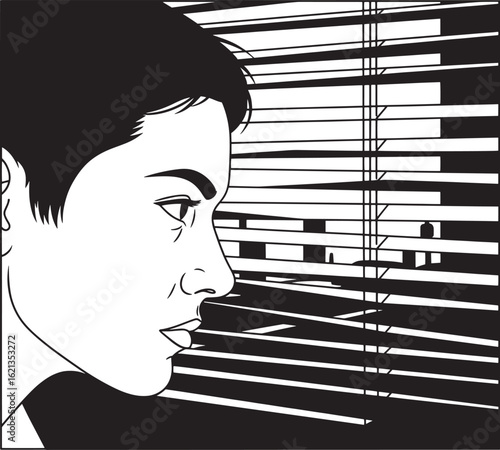 Woman looking through horizontal window blinds vector