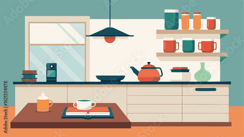 A sleek and modern kitchen with clean lines and a mix of light wood and white cabinets. A traditional Japanese tea set sits on the countertop next to a stack of cookbooks.