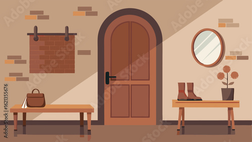 A simple and elegant entryway with a wooden bench a vintage mirror and a woven basket for shoes