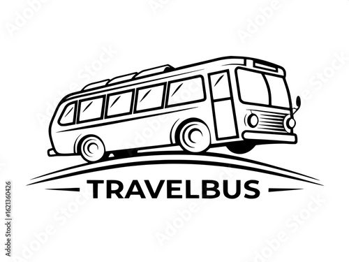 Elegant black-and-white travel bus logo, showcasing a clean line art vehicle angled subtly for depth. Windows and wheels are rectangular and circular outlines, respectively. Below the bus, bold capita