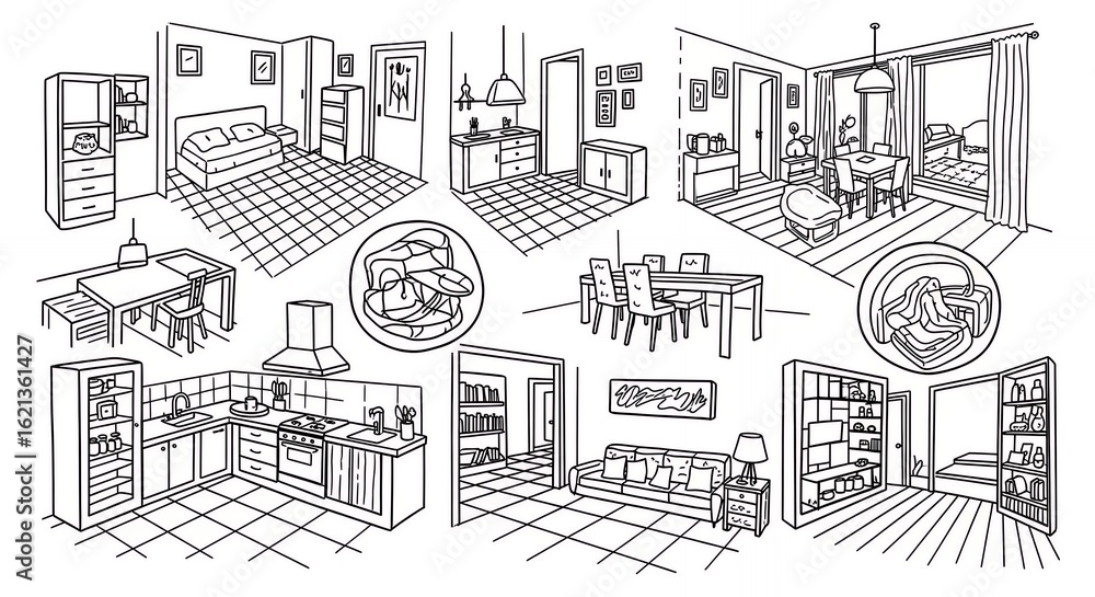 Fototapeta premium Detailed Monochrome Hand Drawn Line Art Style Illustration of Various Interior Room Designs with Clean Minimalist Aesthetic black and white sketch line drawing for architectural background and modern