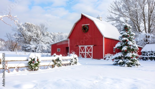 Red barn in snowy landscape, Christmas decorations