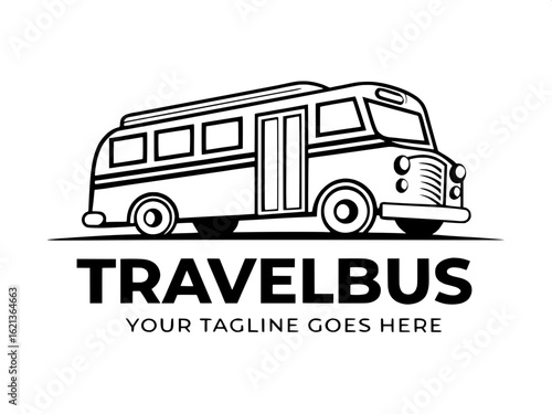 Flat black and white bus logo in a clean vector line art style, showing a side-angle profile. Bold outline with white interior and rectangular windows. Below the bus, bold uppercase text reads "TRAVEL