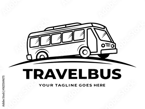 Flat black and white bus logo in a clean vector line art style, showing a side-angle profile. Bold outline with white interior and rectangular windows. Below the bus, bold uppercase text reads "TRAVEL