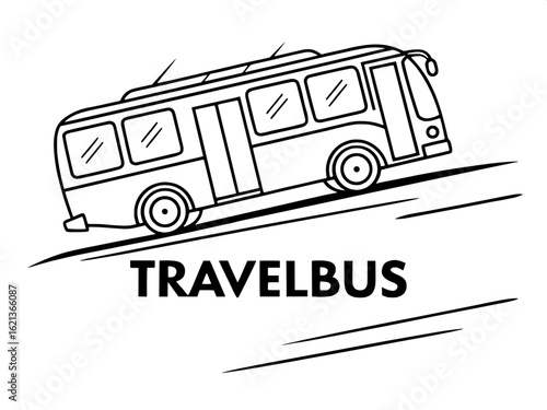 Modern logo concept with a bus in linear black ink style, shown from a slightly tilted side view. Bus windows and wheels are outlined, with minimal interior detail. "TRAVELBUS" sits directly below in 