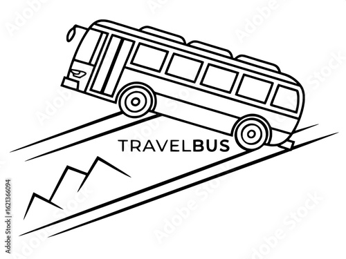 Modern logo concept with a bus in linear black ink style, shown from a slightly tilted side view. Bus windows and wheels are outlined, with minimal interior detail. "TRAVELBUS" sits directly below in 