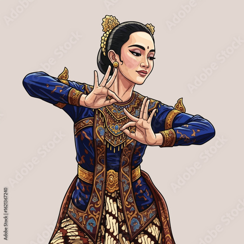 A graceful Indonesian woman in traditional attire performs a classical dance with elegant hand gestures.