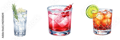 Watercolor illustration set of three classic cocktails. Gin and tonic with rosemary, cranberry drink with sugared rim, and a rum cocktail with a lime wedge. Hand-drawn alcoholic drinks for a bar menu.