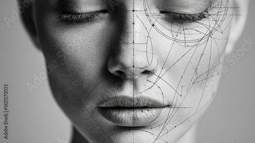 Female Face With Highlighted Symmetry Lines and Anatomical Sketch Overlay, Showcasing Facial Structure and Proportions in a Minimalist Style