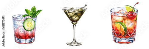 Collection of three classic cocktails illustration. Hand-drawn alcoholic drinks including a gin tonic, dirty martini, and negroni on a transparent background.