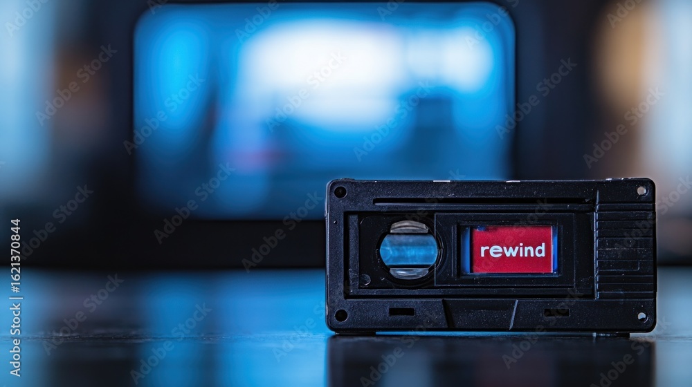 Fototapeta premium Black cassette tape on a dark surface, blurred blue background