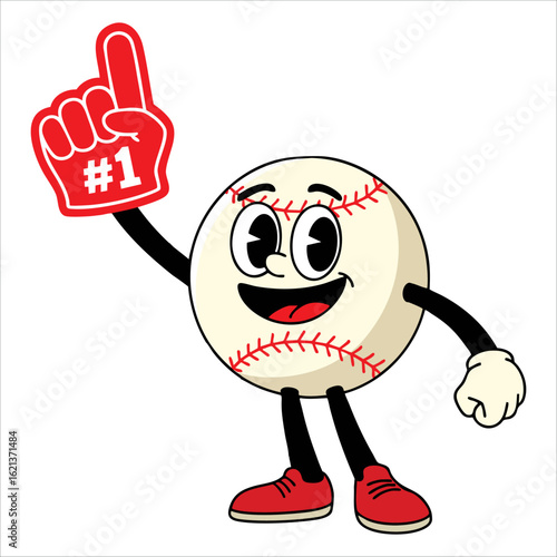 Cartoon mascot baseball with foam finger vector clip art hand drawn illustration ideal for sports, fan support, and playful branding projects.