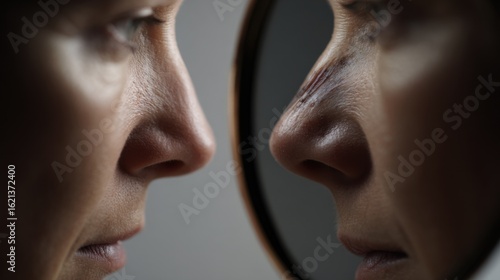 A split image in a handheld mirror features an unblemished profile opposed to a distorted bruised nose emphasizing regret and consequences after failed l surgery.