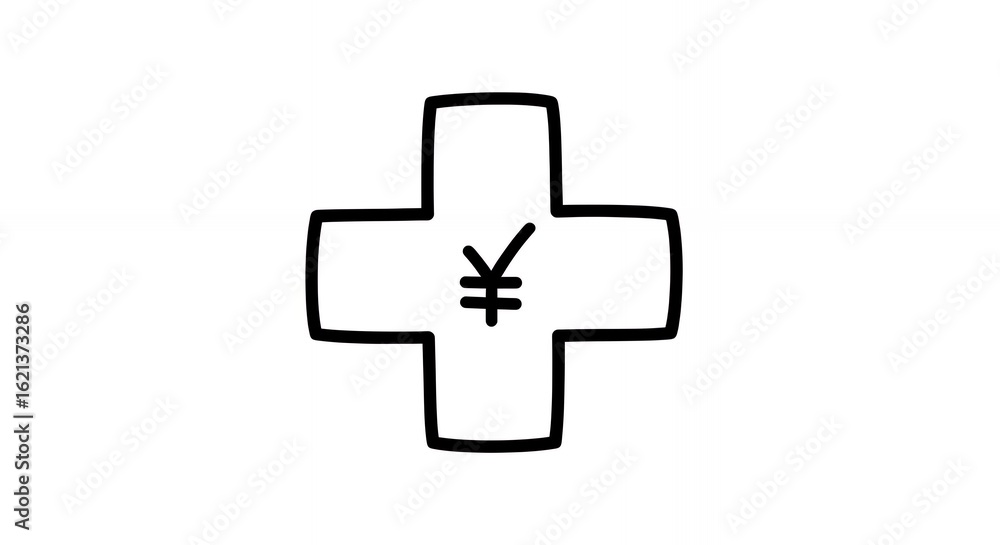 Fototapeta premium Minimalist Monochrome Plus Sign with Yen Symbol Hand Drawn Sketch Style on White Background Medical Finance Icon Black and White Simple Cartoon Drawing Illustration Design
