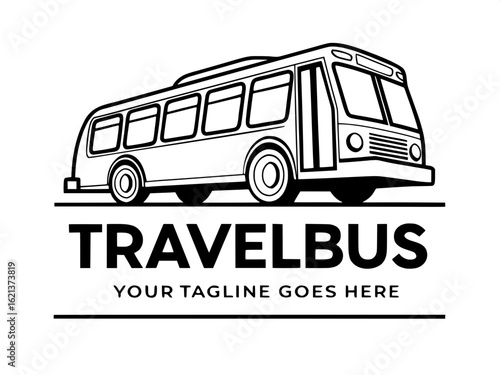 Minimalist black and white logo of a city bus in side profile view, angled slightly for depth. Clean line art style with bold outlines and a white fill. Rectangular windows and circular outlined wheel