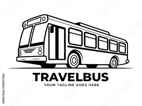 Minimalist black and white logo of a city bus in side profile view, angled slightly for depth. Clean line art style with bold outlines and a white fill. Rectangular windows and circular outlined wheel