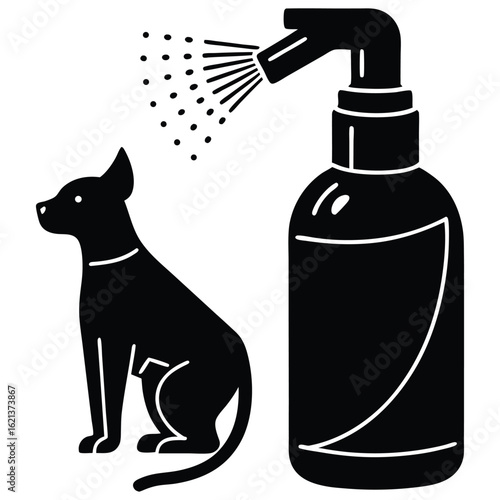 Silhouette Illustration of Dog Grooming with Spray Bottle and Water Droplets